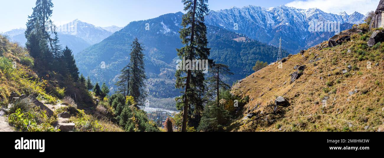 Colours of Manali in Himachal Pradesh India. Panoramic views of Himalayas. Rainbow Waterfall of Jogni waterfall trek in Manali Himachal Pradesh, India Stock Photo