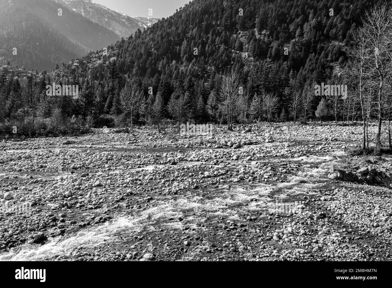 Colours of Manali in Himachal Pradesh India. Panoramic views of Himalayas. Rainbow Waterfall of Jogni waterfall trek in Manali Himachal Pradesh, India Stock Photo