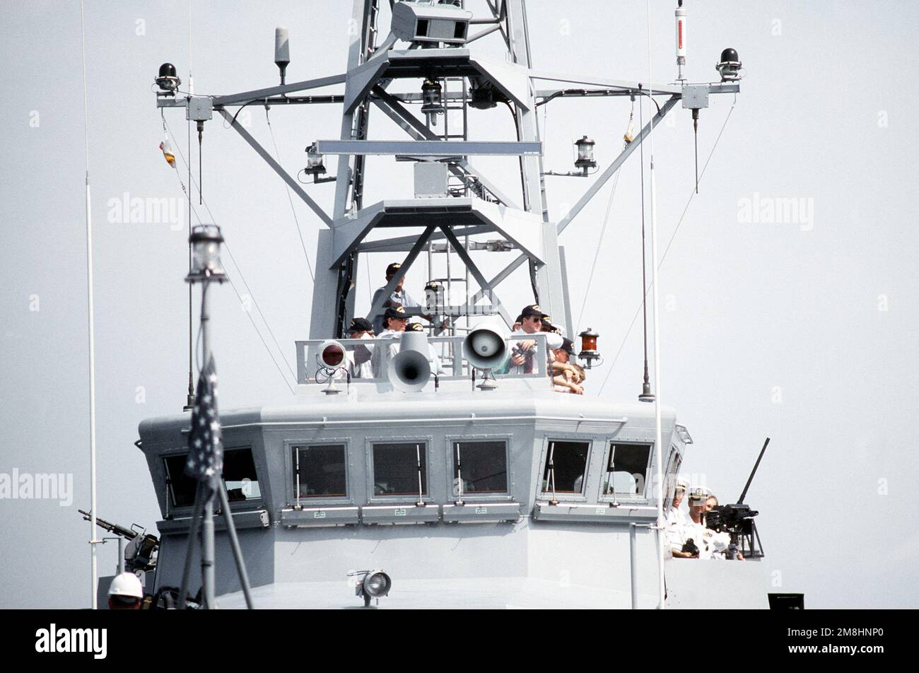 A close-up view of the bridge and mast of the coastal patrol ship USS ...