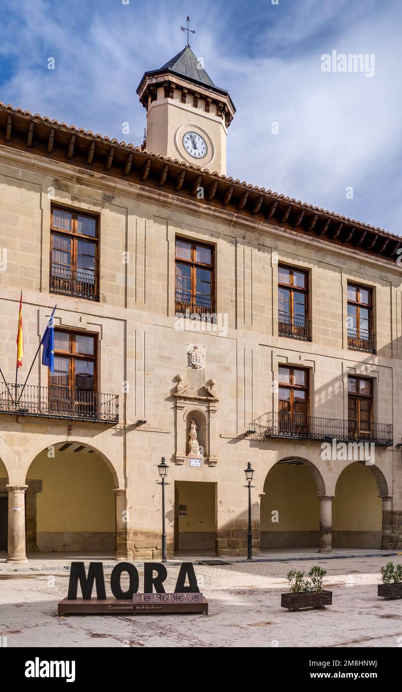 Plaza de la Villa Square, Town Hall and selfie point in Mora de Rubielos, Teruel, Aragon, Spain Stock Photo