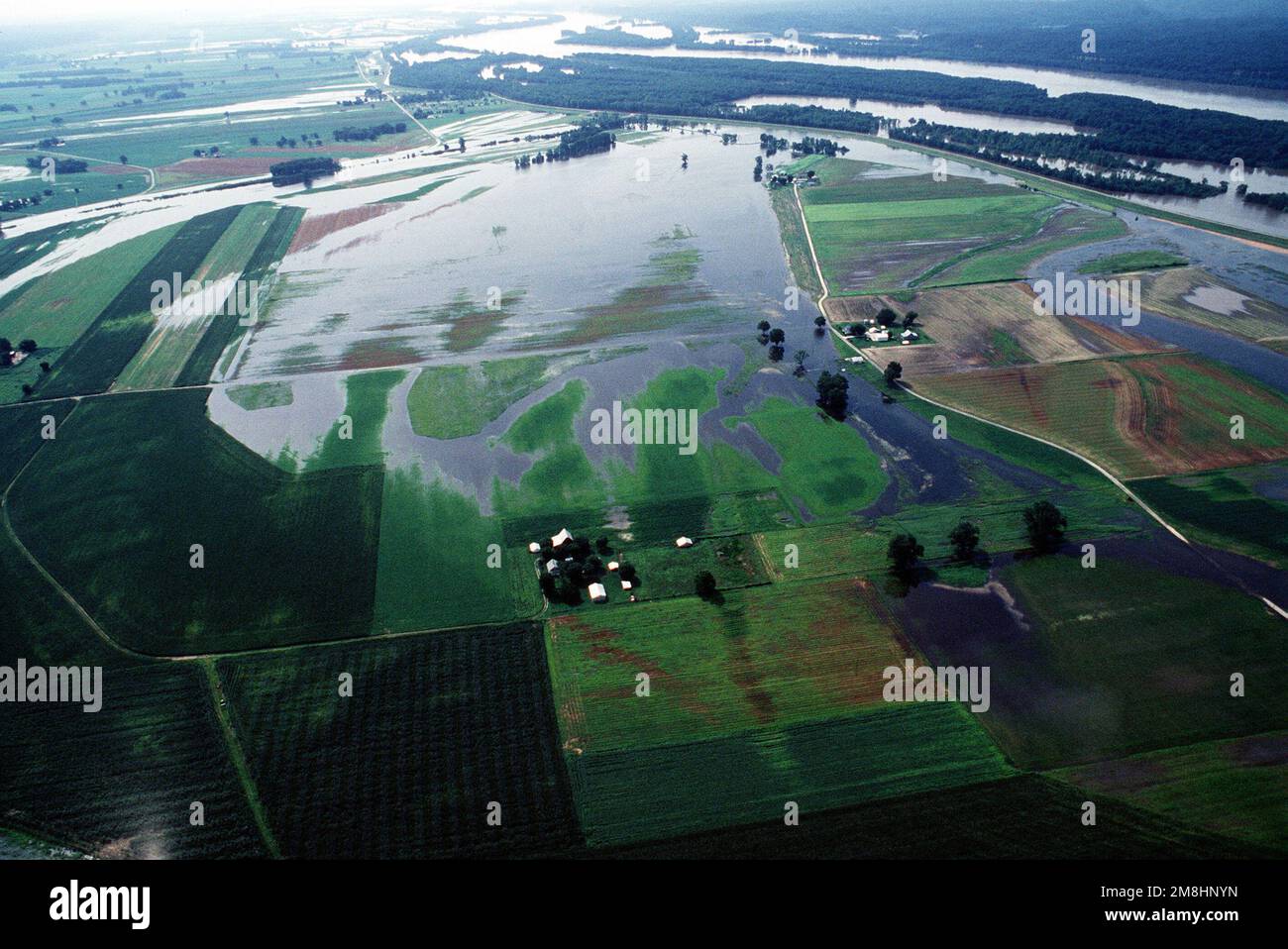 Aerial view of flooded farm land in St. Louis area. Base: Saint Louis State: Illinois (IL) Country: United States Of America (USA) Stock Photo