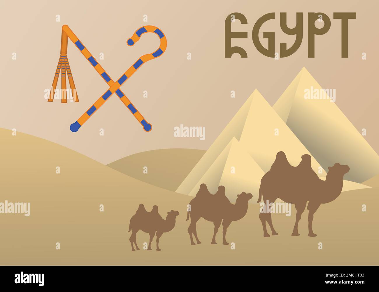 Camel caravan near the Egyptian pyramids landscape. Great pyramids of Egypt in the desert on a background. Dry desert under the sun Stock Vector