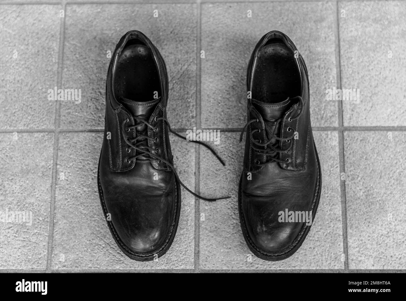 close-up of a brown shoes in the floor. Black and white shot. Stock Photo