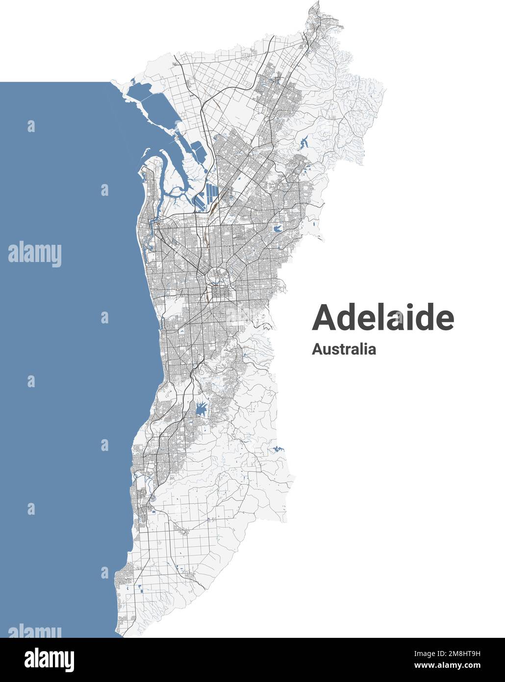 Adelaide map. Detailed map of Adelaide city administrative area. Cityscape panorama. Royalty free vector illustration. Outline map with highways, stre Stock Vector