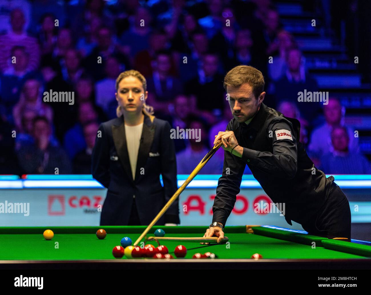 Jack Lisowski in action during day seven of the Cazoo Masters at Alexandra Palace, London