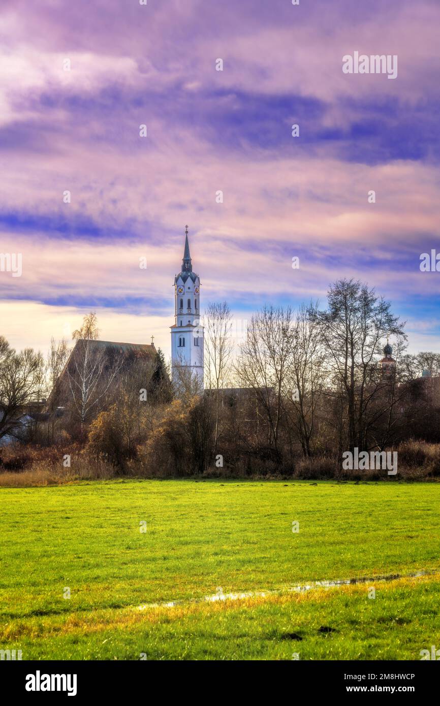 The church of Schrobenhausen and a colorful sky Stock Photo