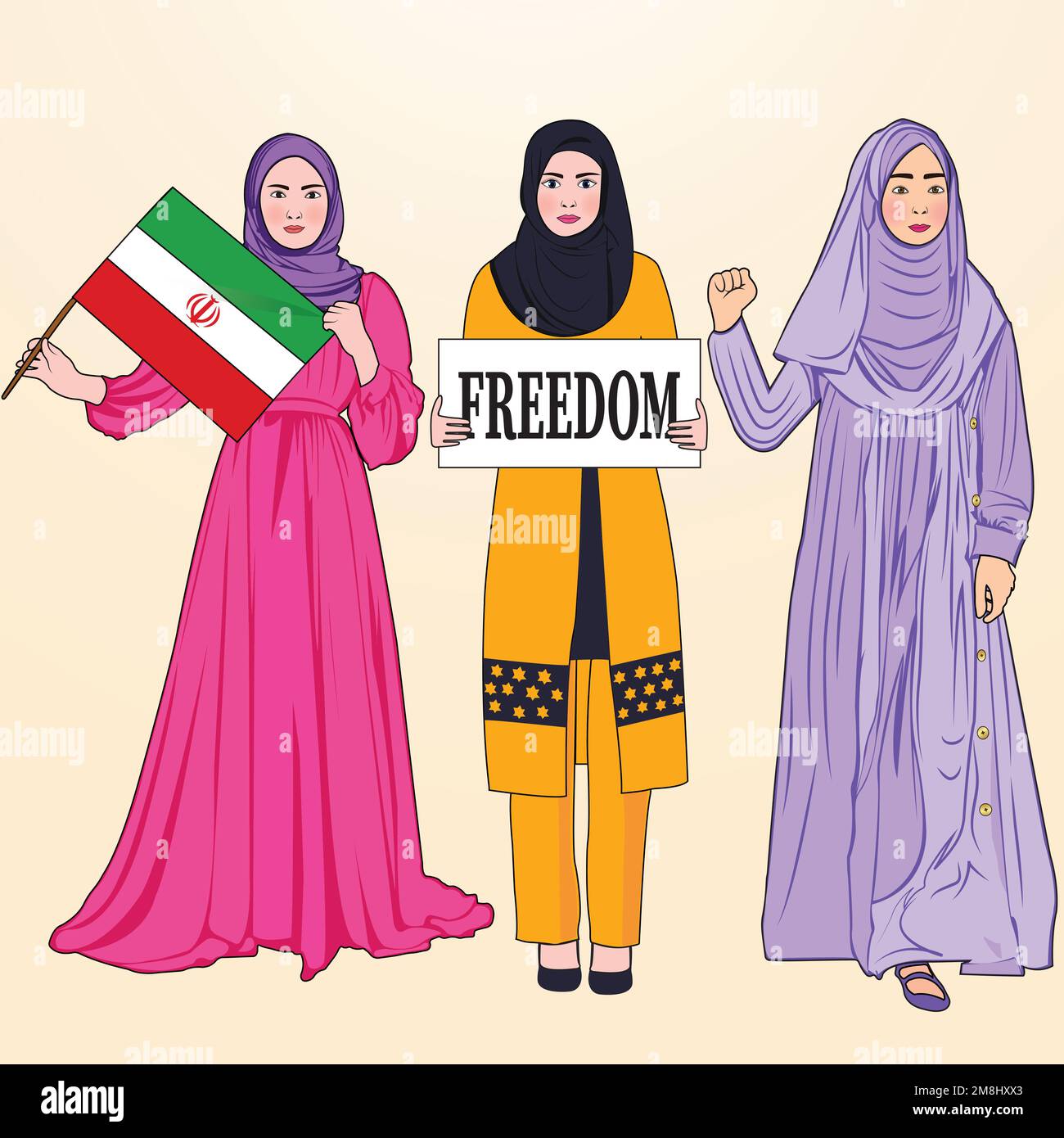 Iranian womens protesting with banner and flag, hijab girls Stock Vector