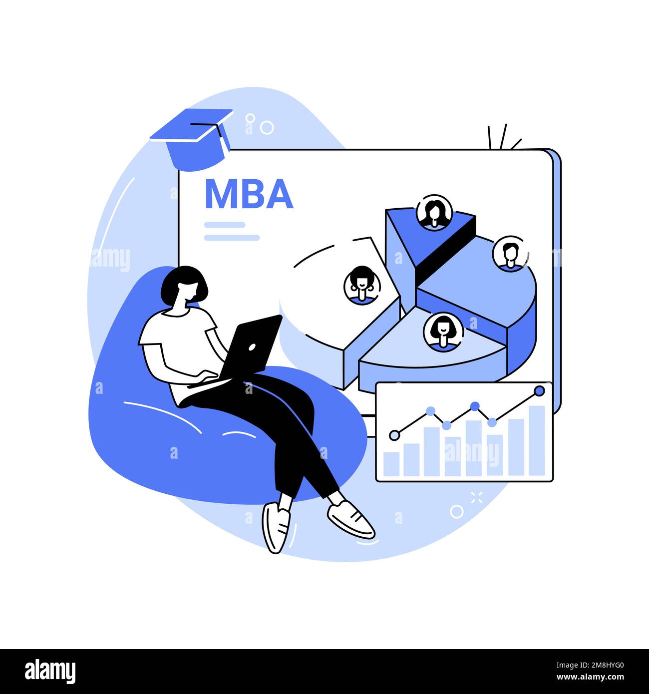 Online MBA isolated cartoon vector illustrations. Concentrated girl with laptop doing getting MBA course, business management and operations, virtual Stock Vector