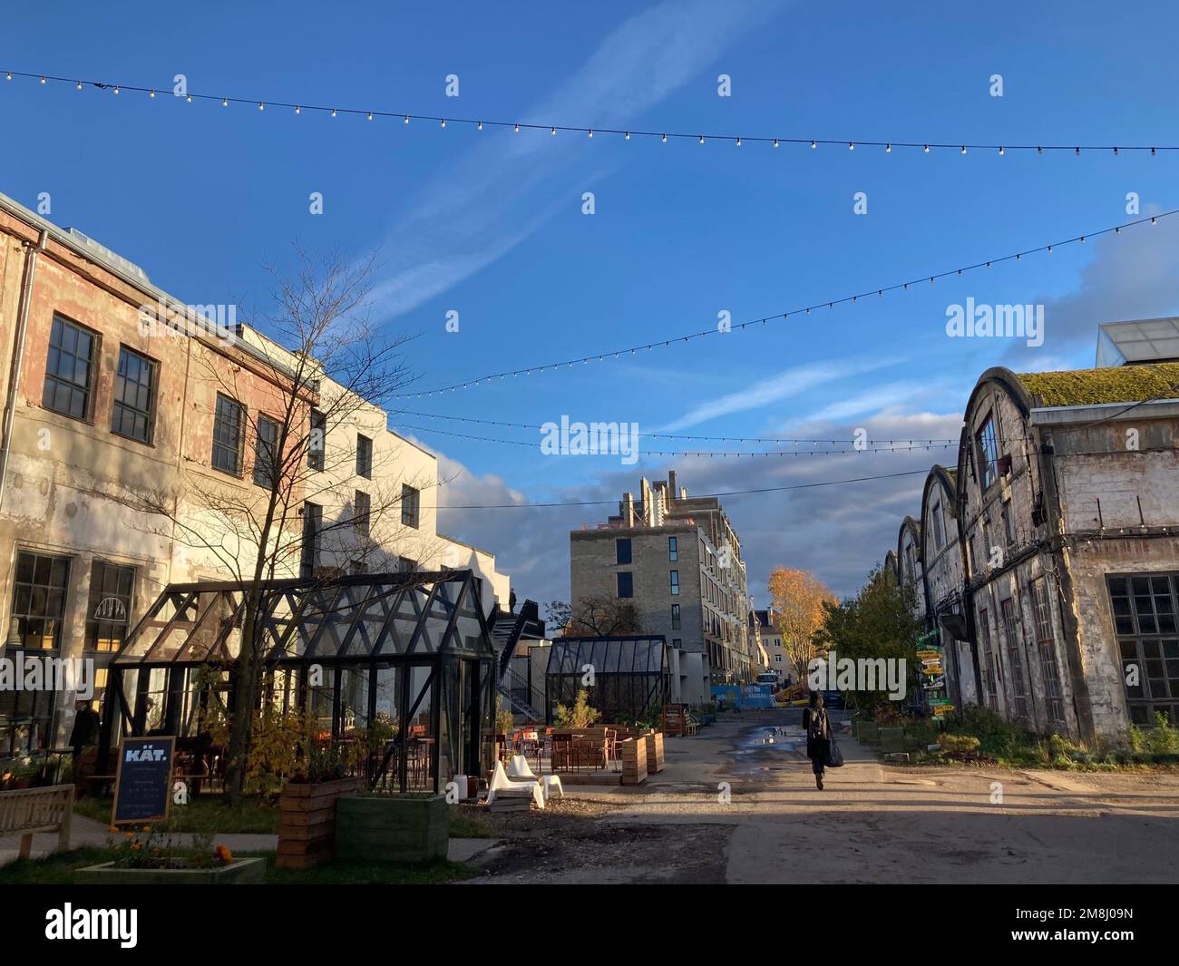 A low-angle of Kopli suburban area in Tallinn, Estonia, with old factory buildings, clear sky background Stock Photo