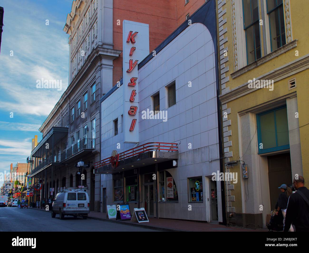 The Krystal Burger sign on Bourbon Street in the French Quarter of New
