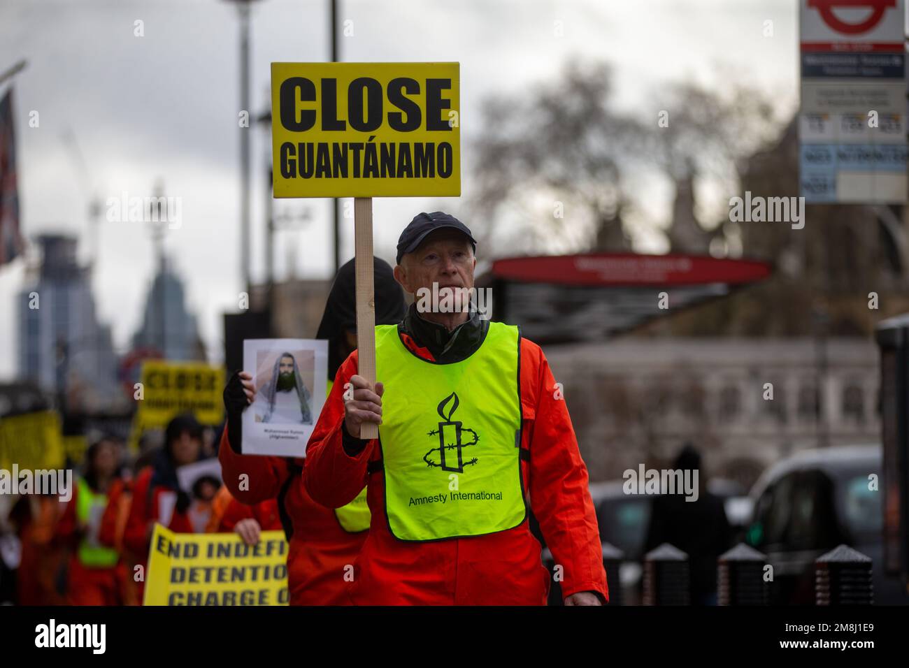 London, England, UK. 14th Jan, 2023. Campaigners from UK Guantanamo Network stage protest in Central London demanding US prison to be shut down and inmates to be charged or released. (Credit Image: © Tayfun Salci/ZUMA Press Wire) EDITORIAL USAGE ONLY! Not for Commercial USAGE! Stock Photo