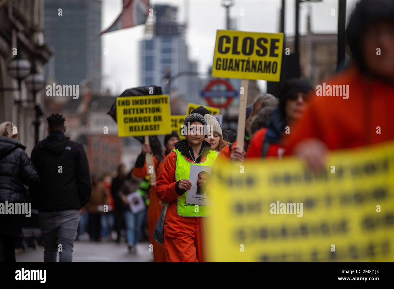 London, England, UK. 14th Jan, 2023. Campaigners from UK Guantanamo Network stage protest in Central London demanding US prison to be shut down and inmates to be charged or released. (Credit Image: © Tayfun Salci/ZUMA Press Wire) EDITORIAL USAGE ONLY! Not for Commercial USAGE! Stock Photo