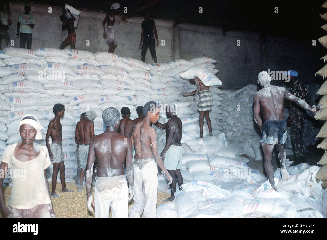 Somali men work in a food storage warehouse in Kismayo. The supplies are deliverd to food distribution centers by a Belgian contingent that is in Somalia in support of OPERATION CONTINUE HOPE. Subject Operation/Series: CONTINUE HOPE Base: Kismayo Country: Somalia (SOM) Stock Photo