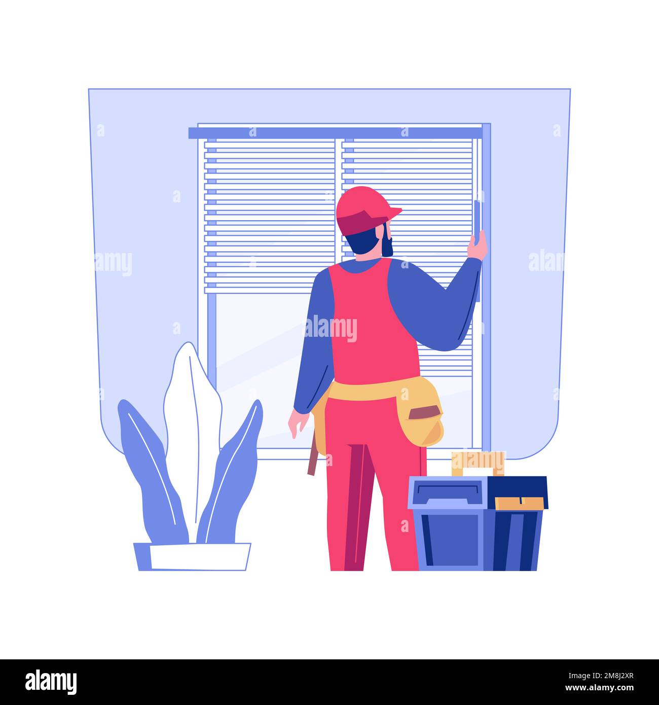 Hanging blinds isolated concept vector illustration. Repairman setting