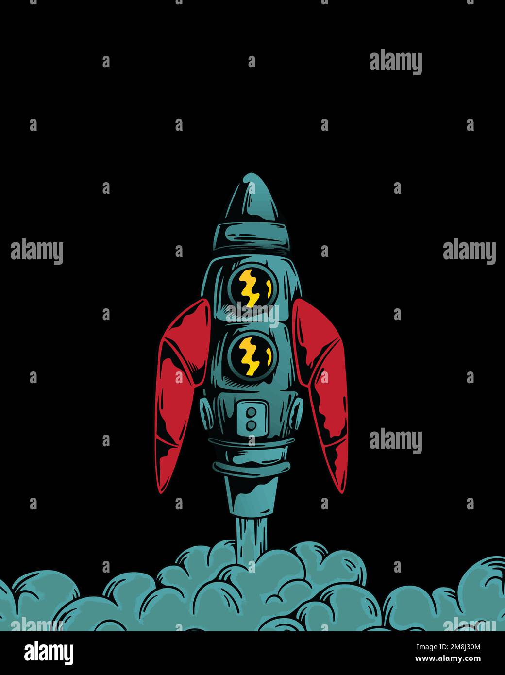 Retro rocket launch in space wall art print and poster Stock Vector