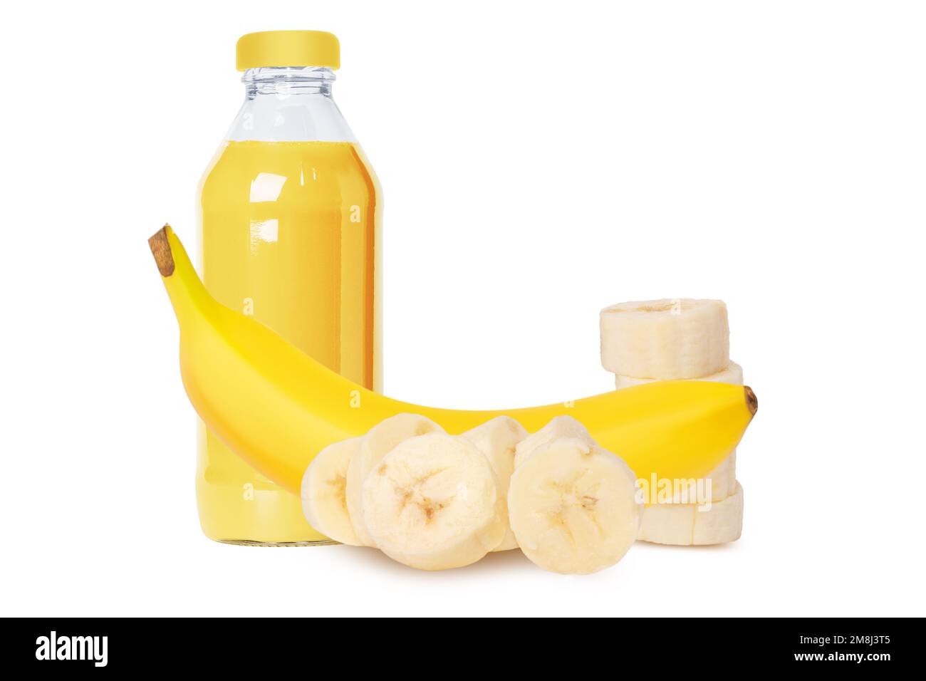 Bottle of fresh banana juice, nectar. A set of bananas whole and pieces