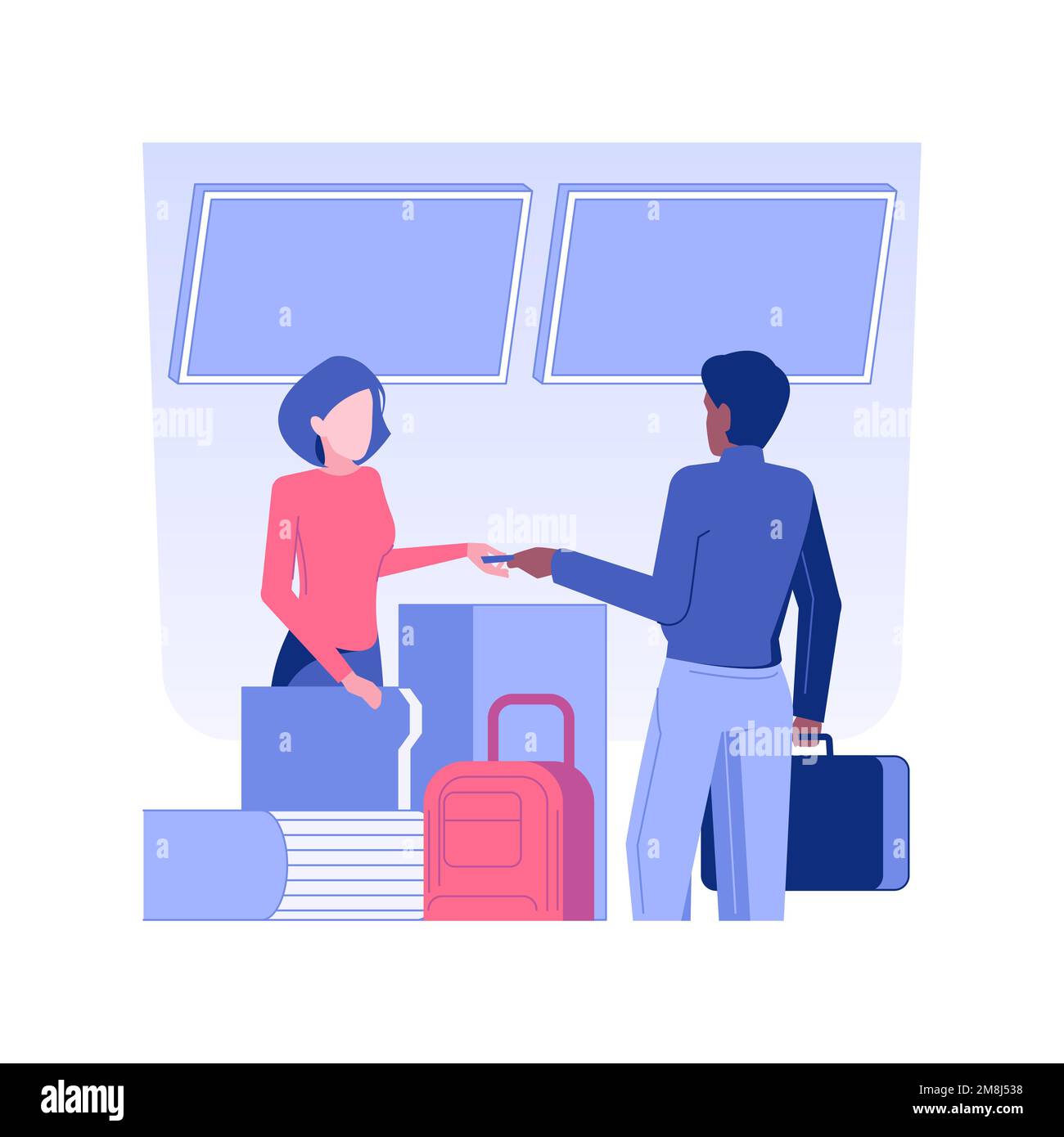 Flight check-in isolated concept vector illustration. Man deals with check-in for flight, business class travel, drop luggage in the airport, luxury p Stock Vector
