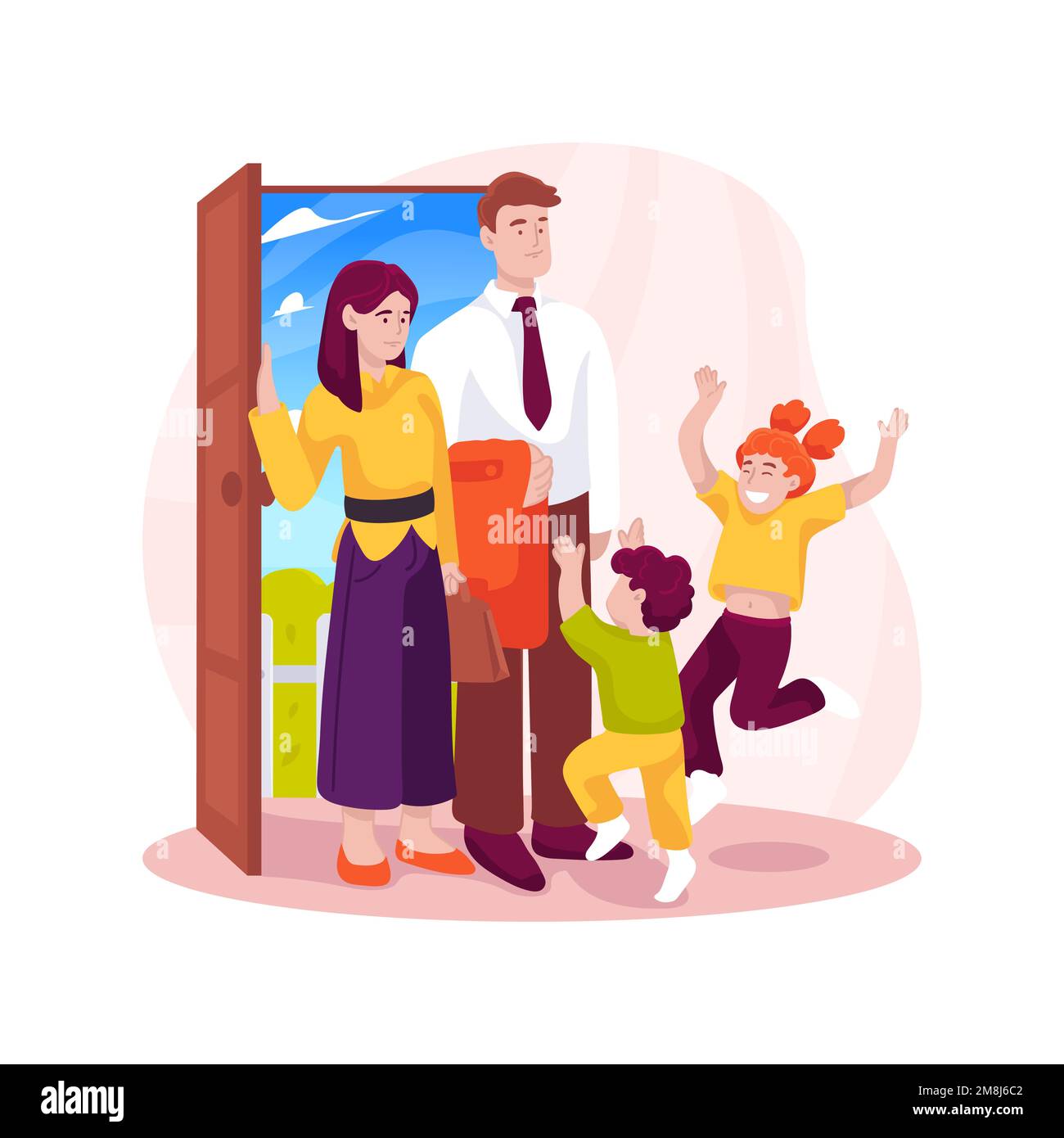Tired parents isolated cartoon vector illustration. Tired adults came home from work, happy and jumpy kids around, exhausted parents, family daily rou Stock Vector