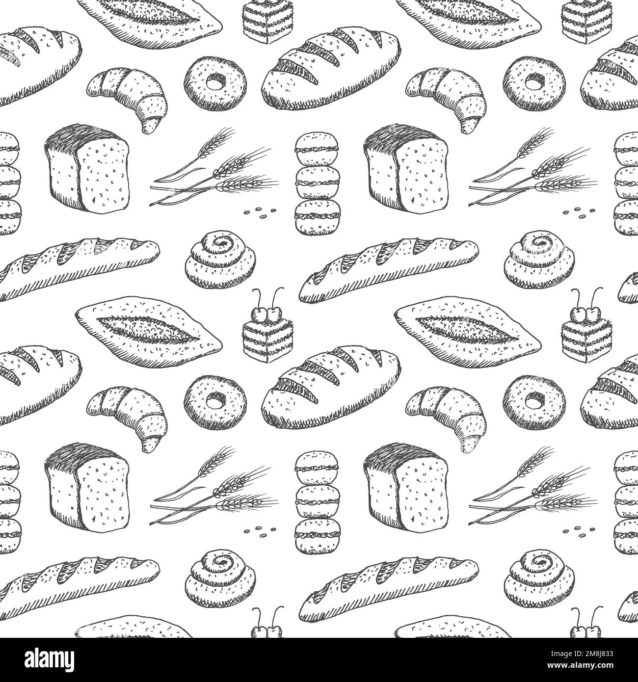 Hand drawn seamless pattern of bread and bakery products. Baked goods background Stock Vector