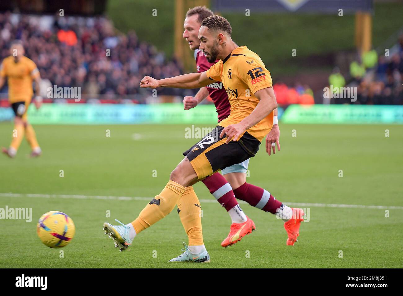 Matheus Cunha #12 of Wolverhampton Wanderers crosses the ball 