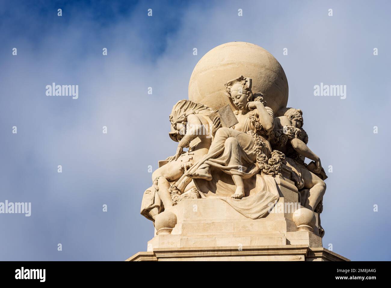 Closeup of the monument and fountain to Miguel de Cervantes, in Plaza de Espana (Spain square), Madrid downtown, community of Madrid, Spain, Europe. Stock Photo