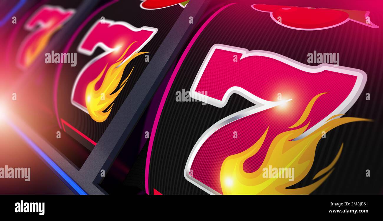 Pink Lucky Triple Seven Slot Machine 3D Illustration. Hot Online Casino Game Concept. Stock Photo