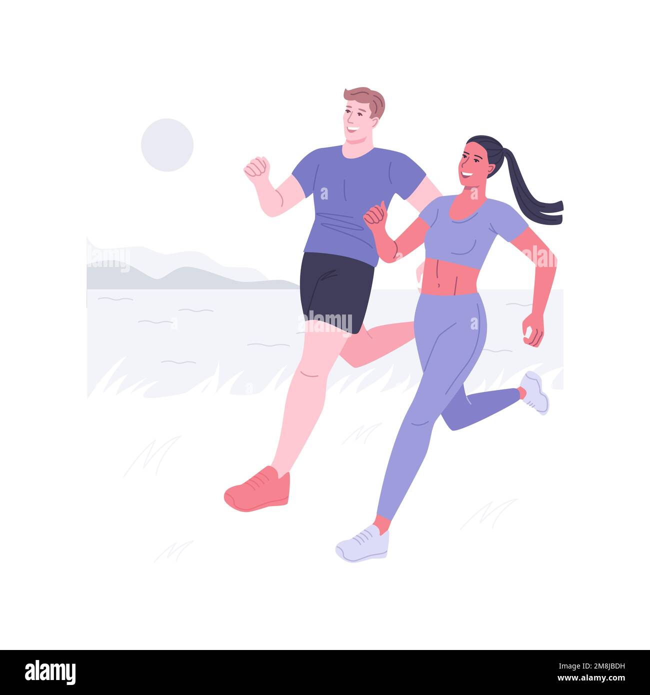 Trail running isolated cartoon vector illustrations. Young couple running countryside together, sport jogging in the mountain together, workout exerci Stock Vector