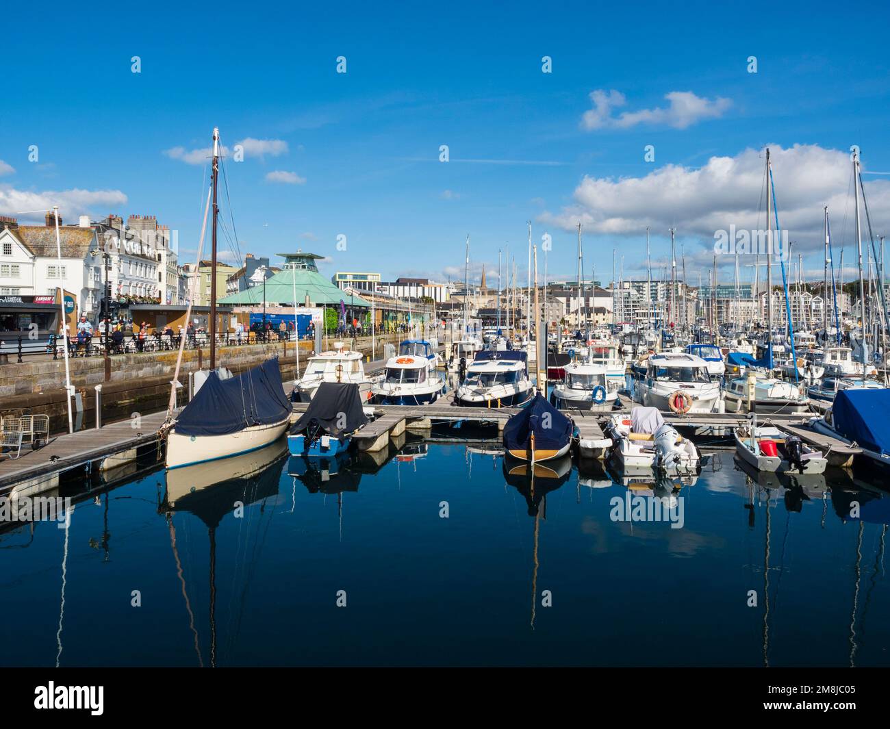 View over the yacht and powerboat moorings at Sutton Harbour, Plymouth, Devon, UK Stock Photo