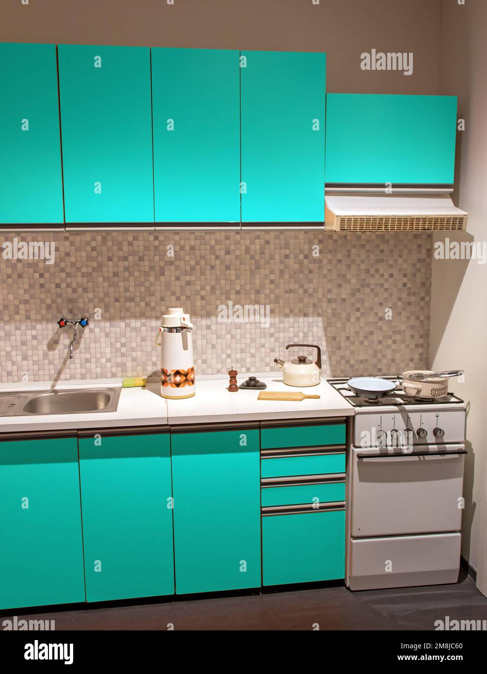 A kitchen with a stove from the 70s and 80s of the last century Stock