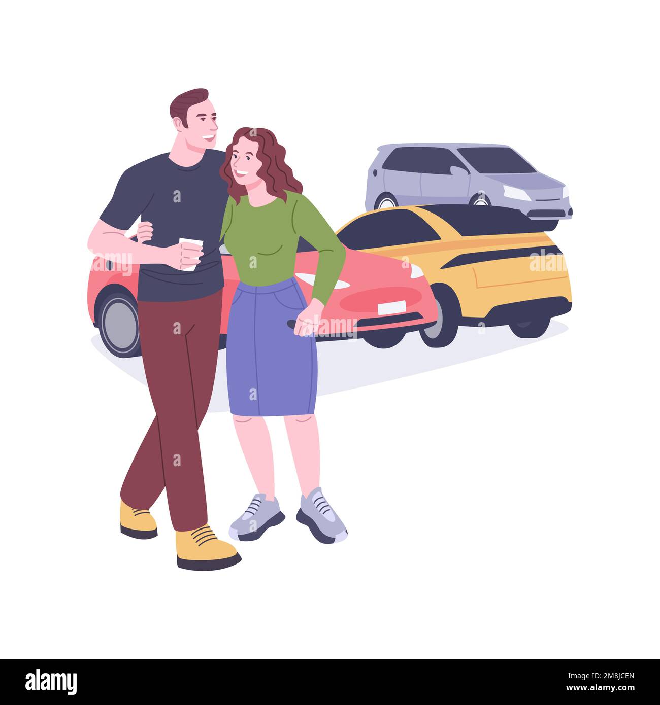 Easy parking isolated cartoon vector illustrations. Young couple in electric car parking, many