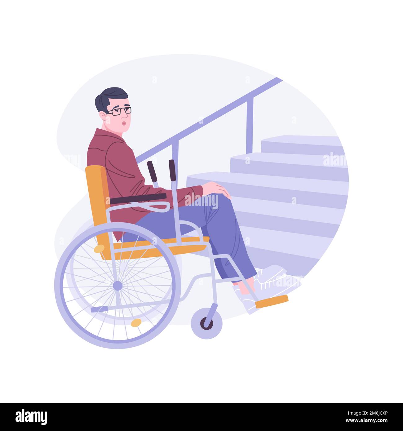 Access problems isolated cartoon vector illustrations. Disabled man struggles with climbing stairs, people in wheelchair, ramp problems, accessible ci Stock Vector