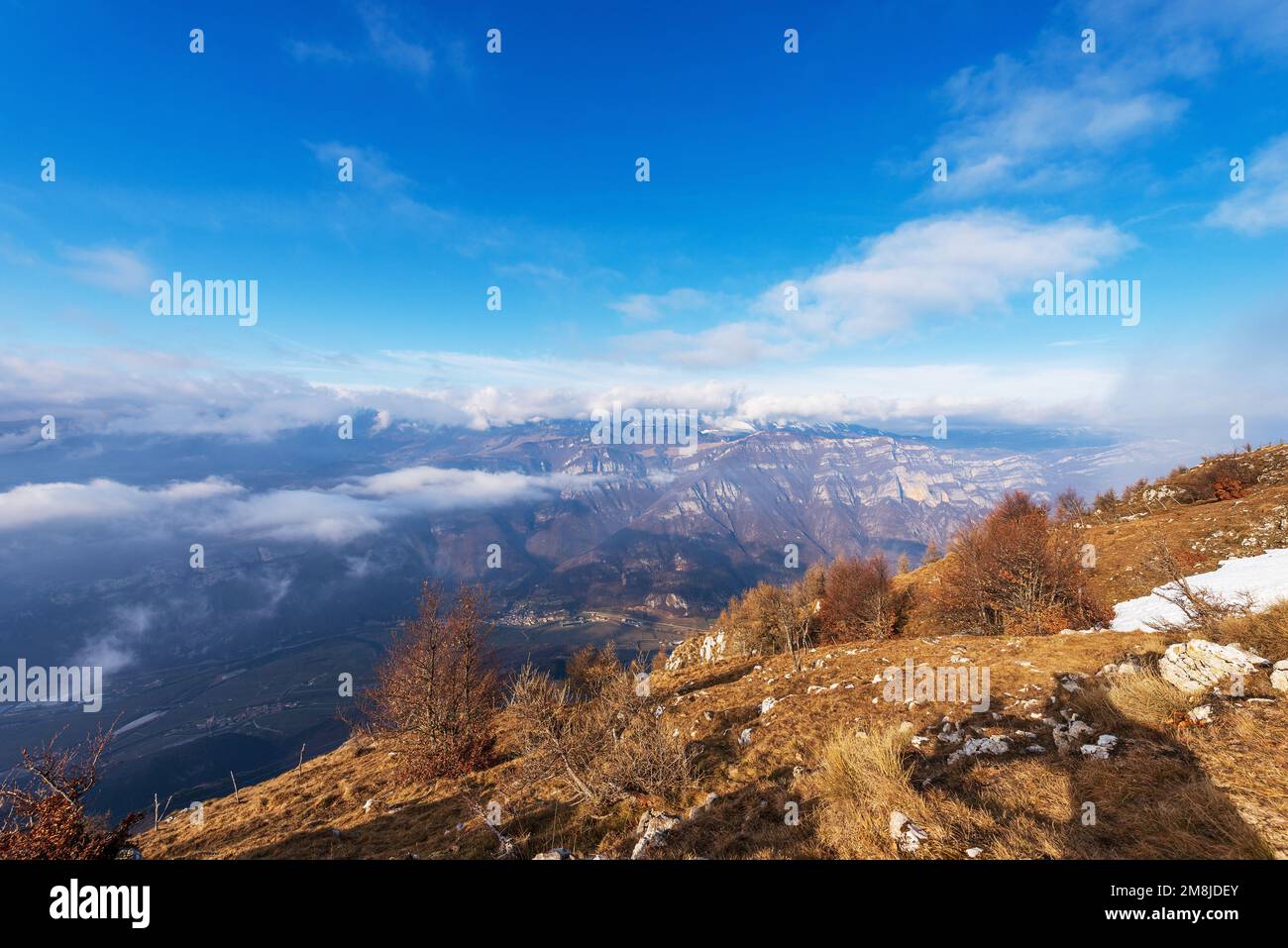 Adige valley and Monte Baldo, from the Mountain peak of Corno d'Aquilio, Lessinia Plateau Regional Natural Park, Verona, Veneto, Italy, Europe. Stock Photo