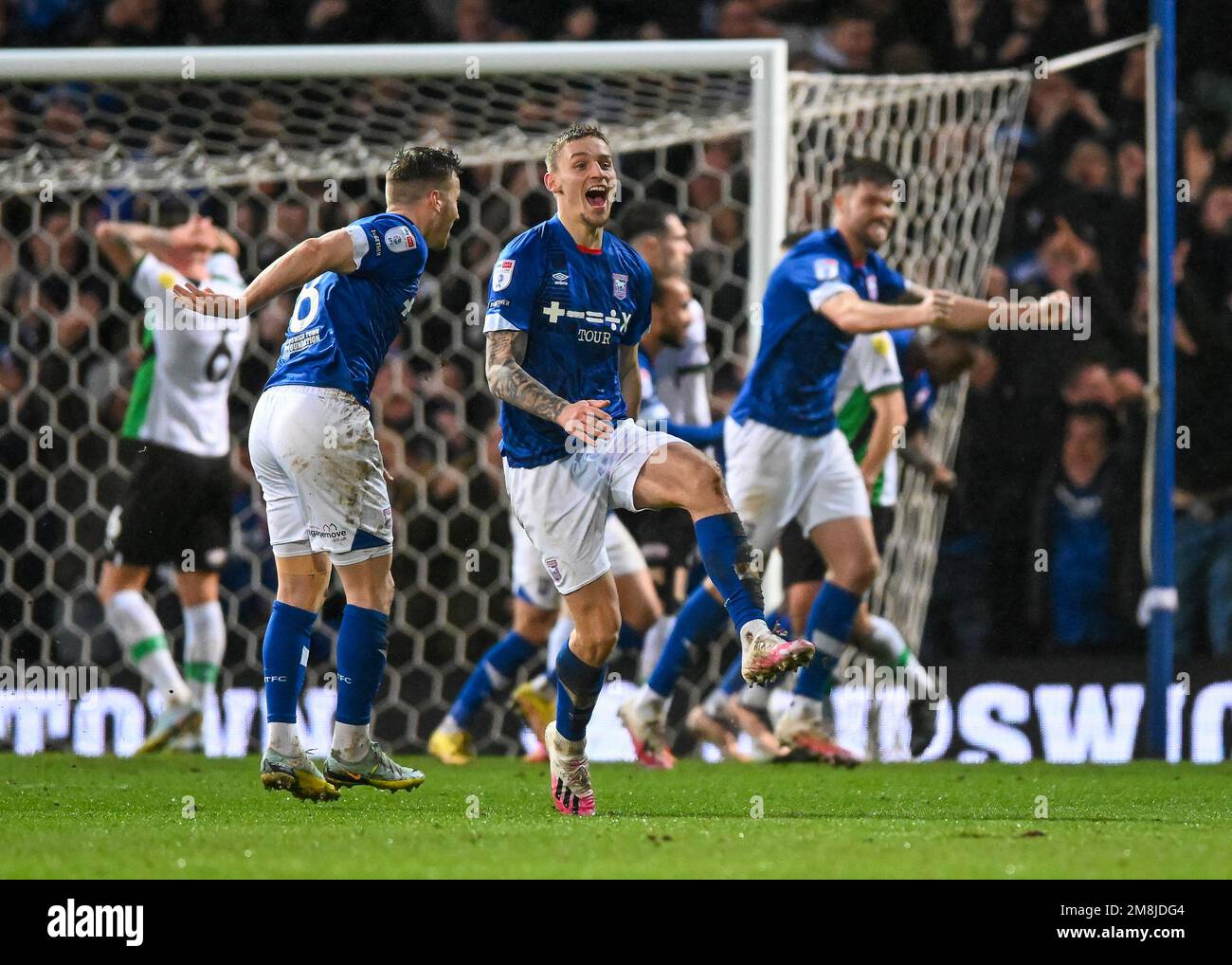 GOAL Ipswich Town defender Luke Woolfenden  (6) celebrates a goal to make it 0-1  during the Sky Bet League 1 match Ipswich Town vs Plymouth Argyle at Portman Road, Ipswich, United Kingdom, 14th January 2023  (Photo by Stanley Kasala/News Images) Stock Photo