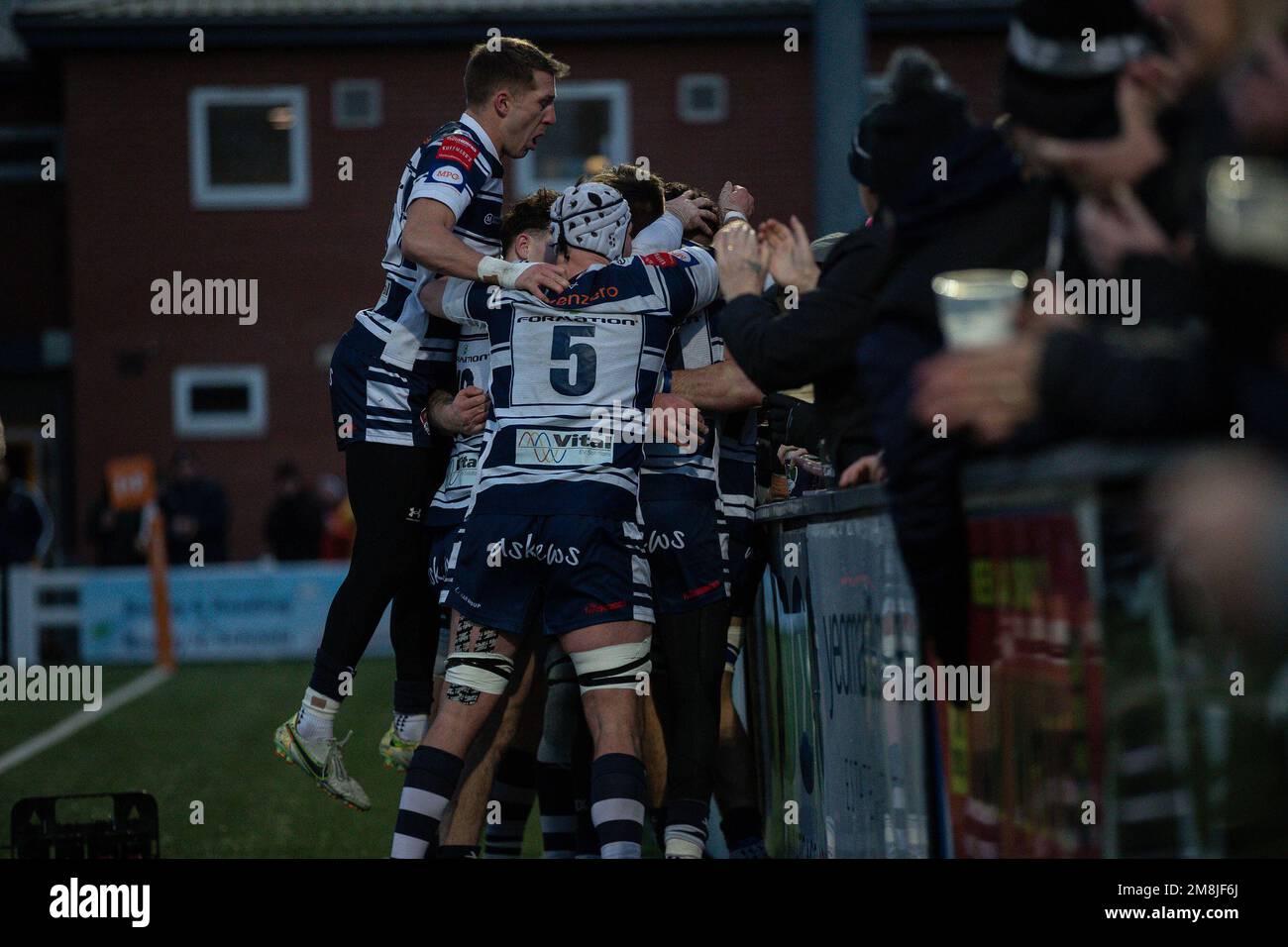 Coventry, UK. 14th Jan, 2023. *** Coventry celebrate a try during the ...