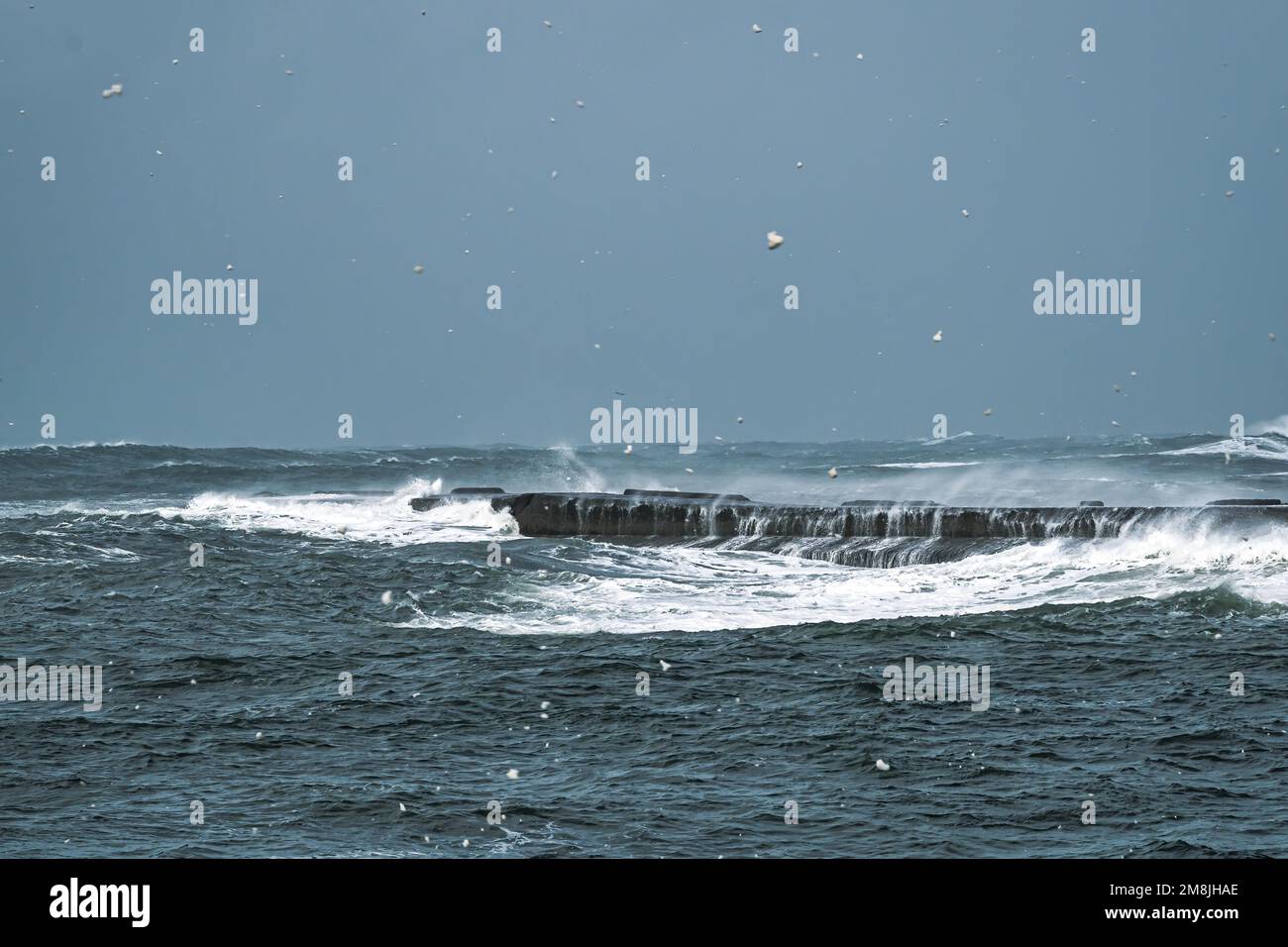 Foam flying in the air from strong waves coming ashore Stock Photo