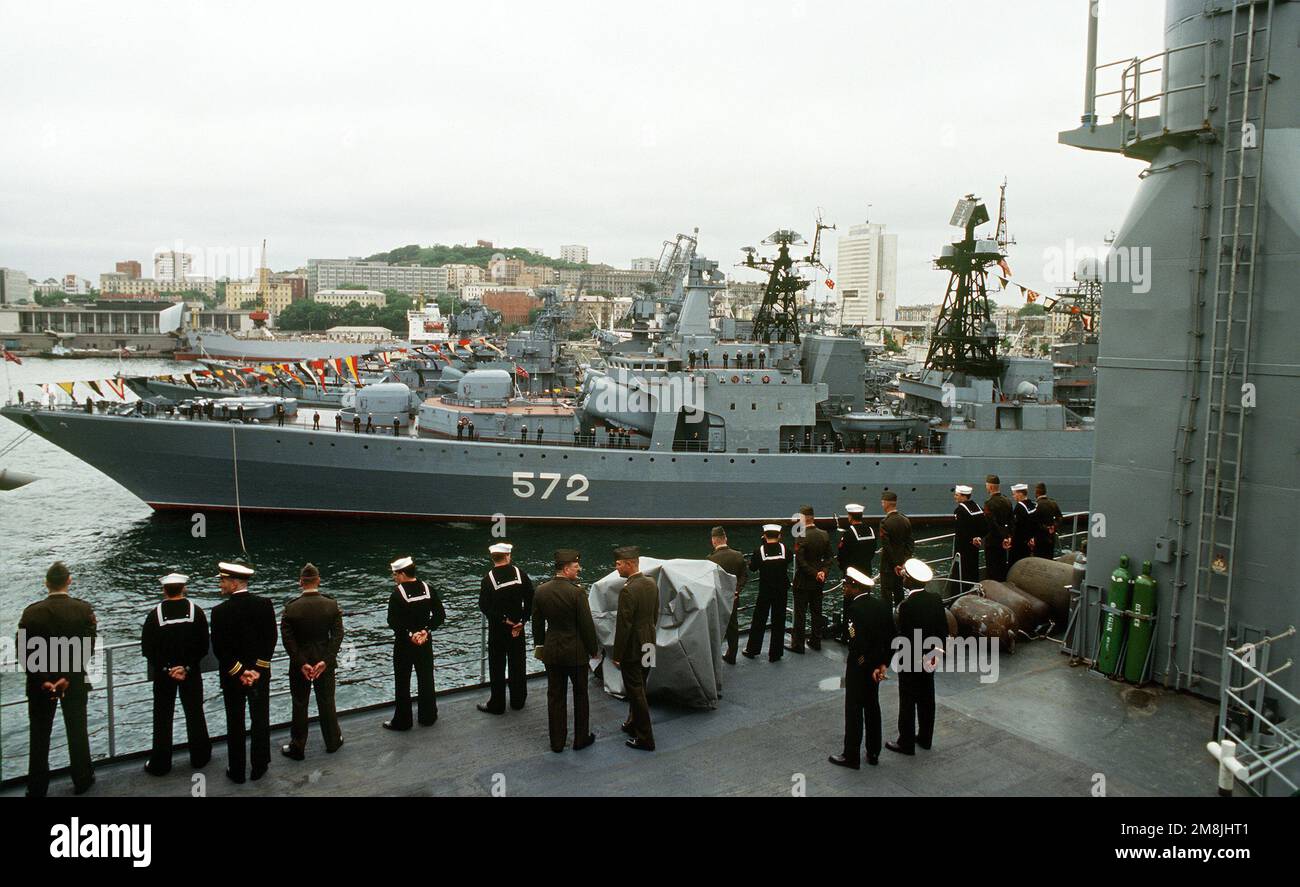 Sailors and Marines on board the dock landing platform USS DUBUQUE (LPD