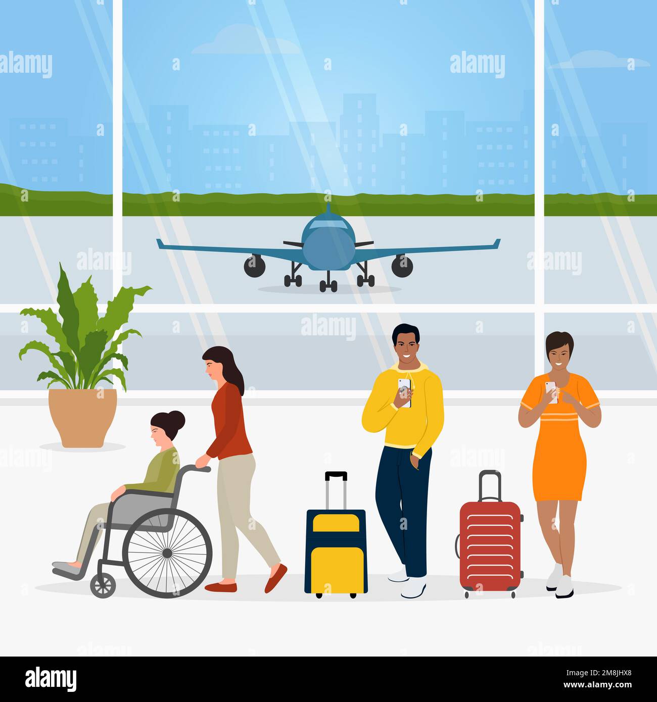 Vector illustration Airport. Woman assisting disabled person sitting on