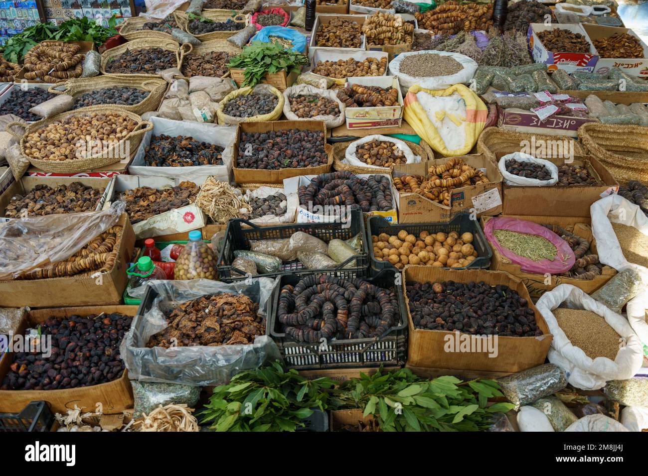 North Africa. Morocco. Chefchaouen. Display of dried fruits Stock Photo