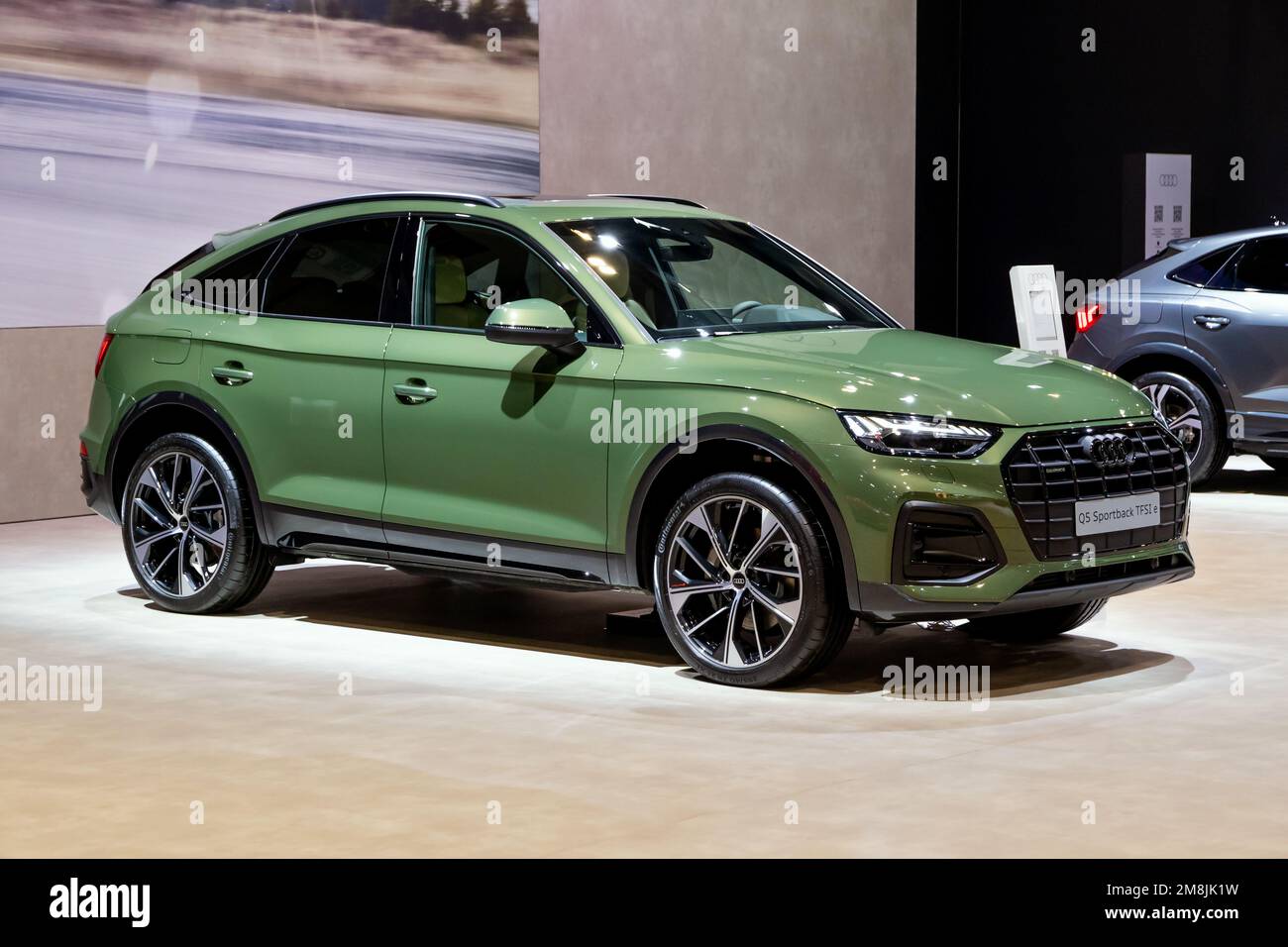 Audi Q5 Sportback TFSIe plug-in hybrid car at the Brussels Autosalon European Motor Show. Brussels, Belgium - January 13, 2023. Stock Photo