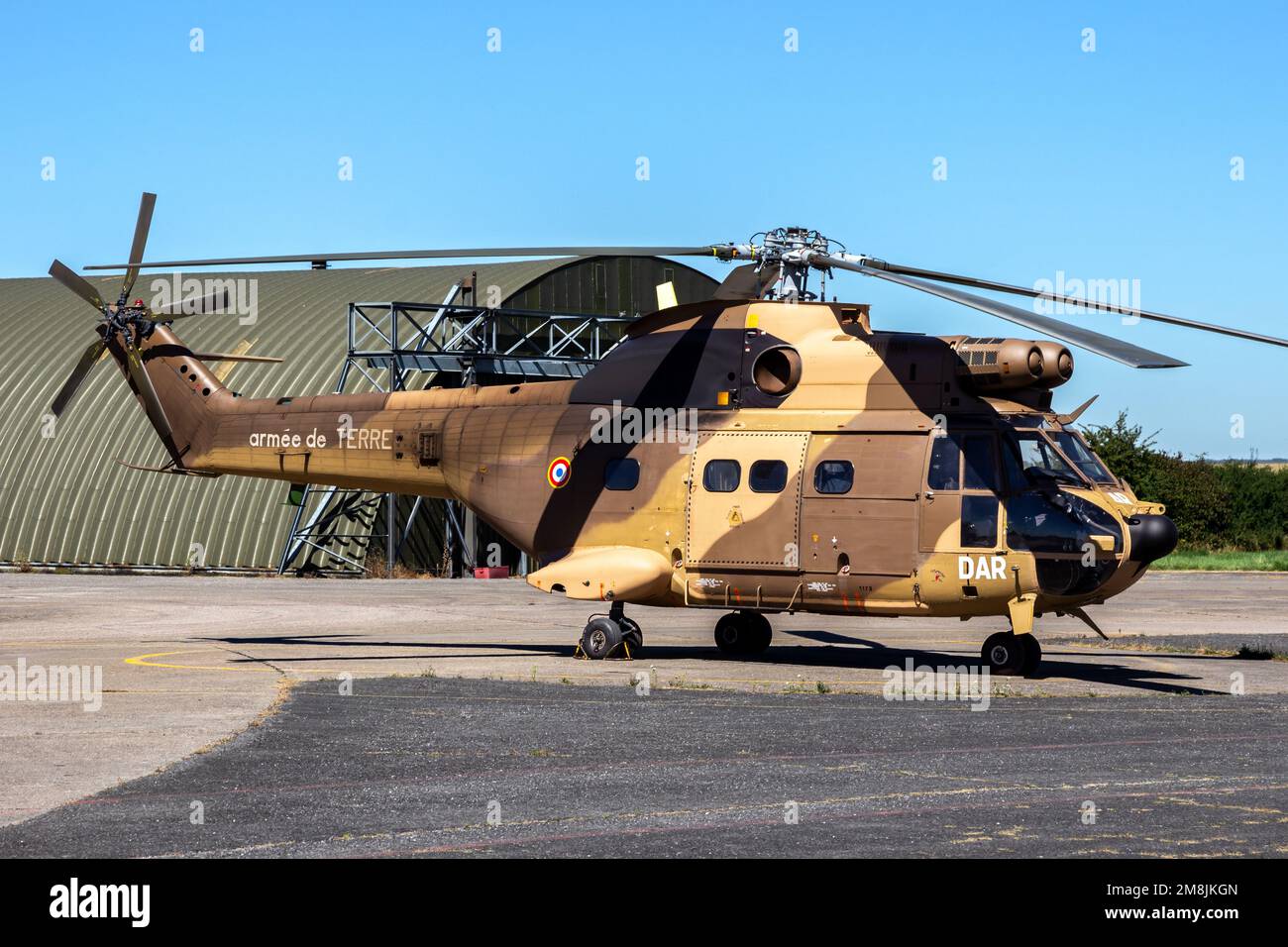 French Army Aerospatiale SA330B Puma helicopter at flying in France. August 24, 2016 Stock Photo