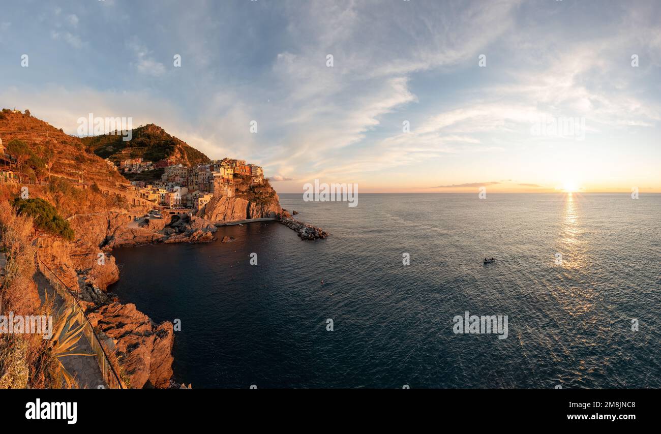 Small touristic town on the coast, Manarola, Italy. Cinque Terre Stock Photo