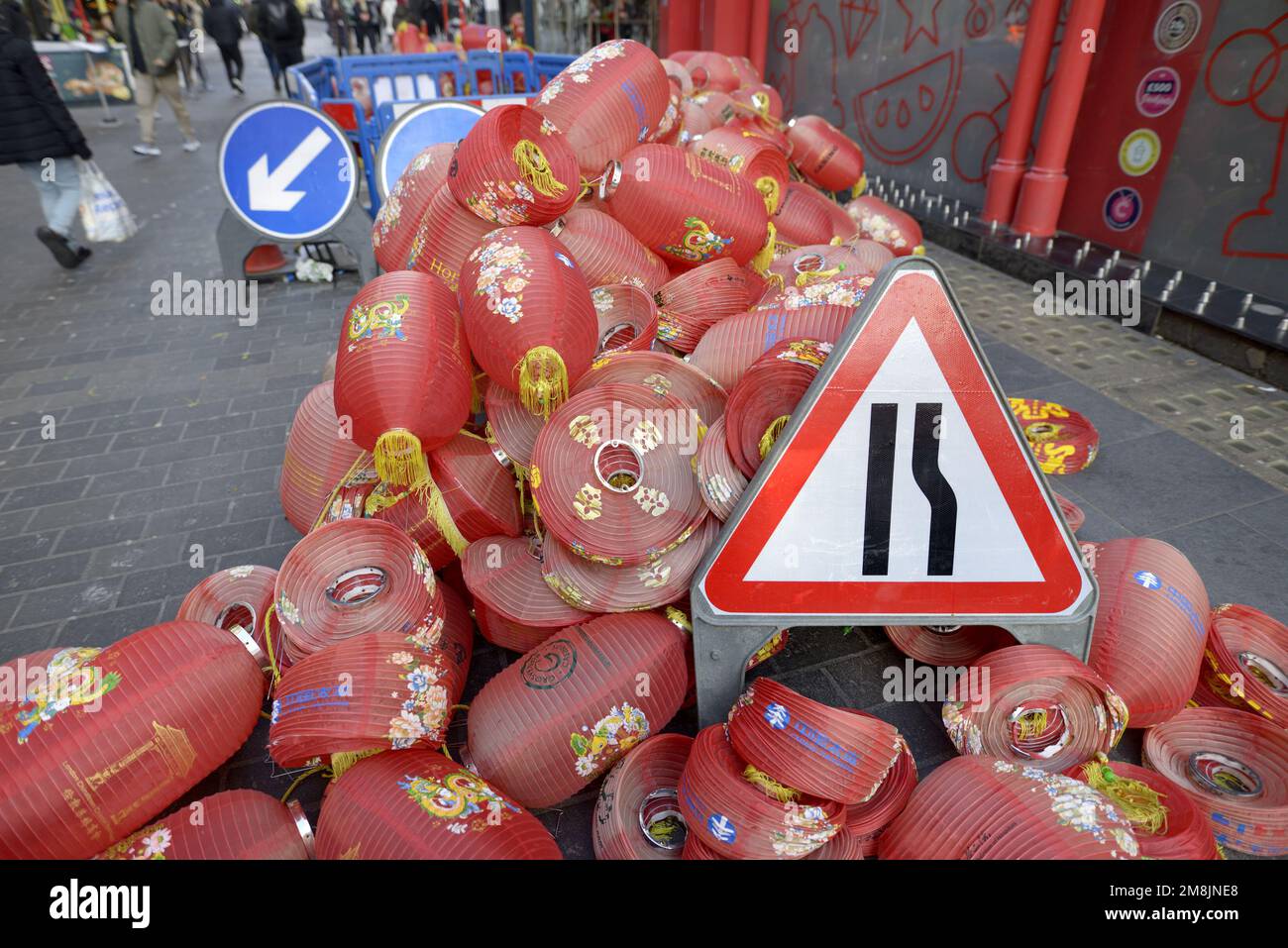 London, England, UK. Piles of Chinese lanterns in Chinatown as old ones are replaced with new during preparations for the Chinese New Year, Jan 2023 Stock Photo
