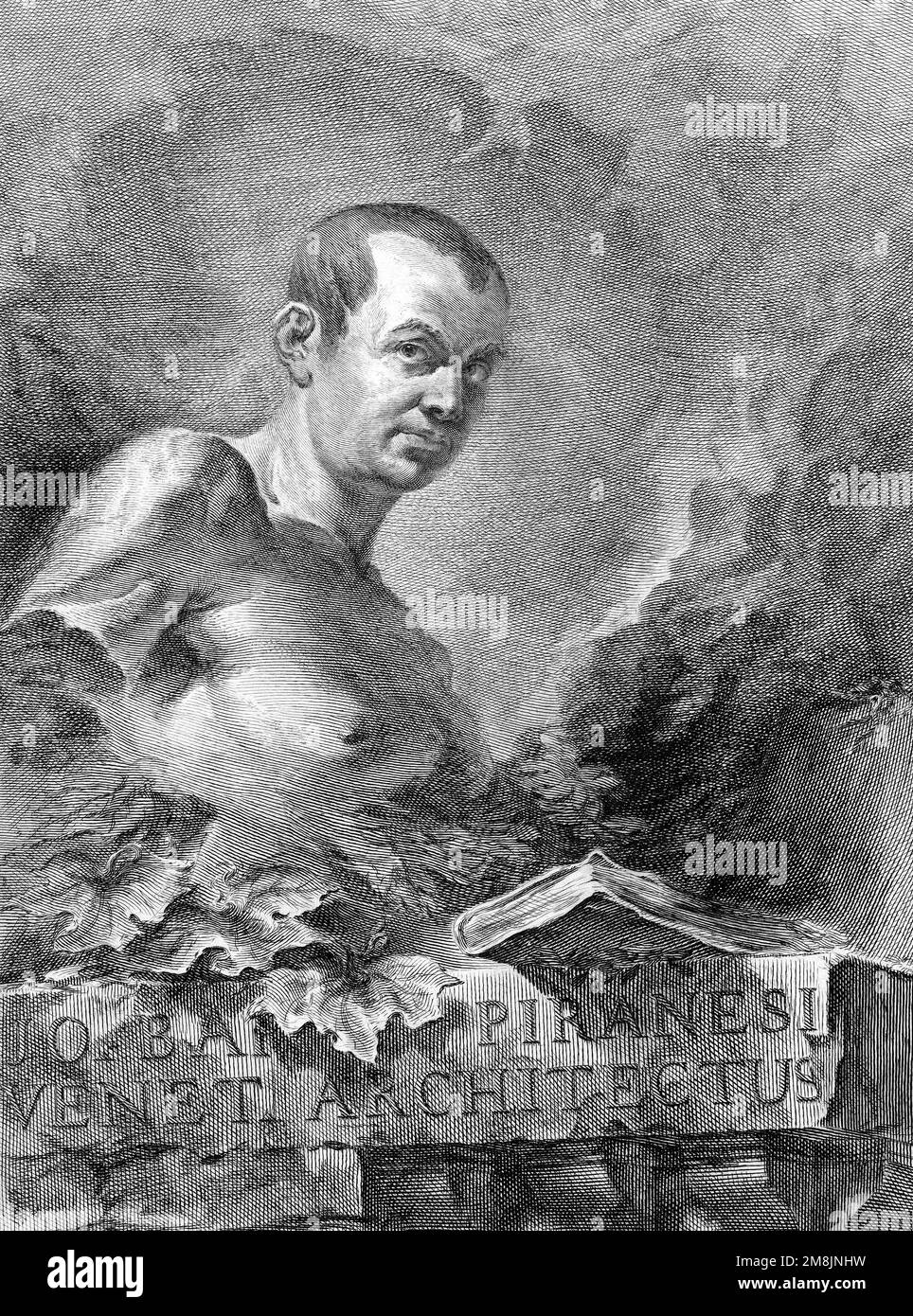 Piranesi (1720-1728). Engraving entitled 'Portrait of G.B. Piranesi in imitation of an antique bust, from Opere varie di Architettura, prospetive, grotteschi, antichità; inventate, ed incise da Giambattista Piranesi Architetto Veneziano (Various Works of Architecture, perspectives, grotesques, and antiquities, designed and etched by Giambattista Piranesi, Venetian Architect), by Felice Polanzani, 1750 Stock Photo