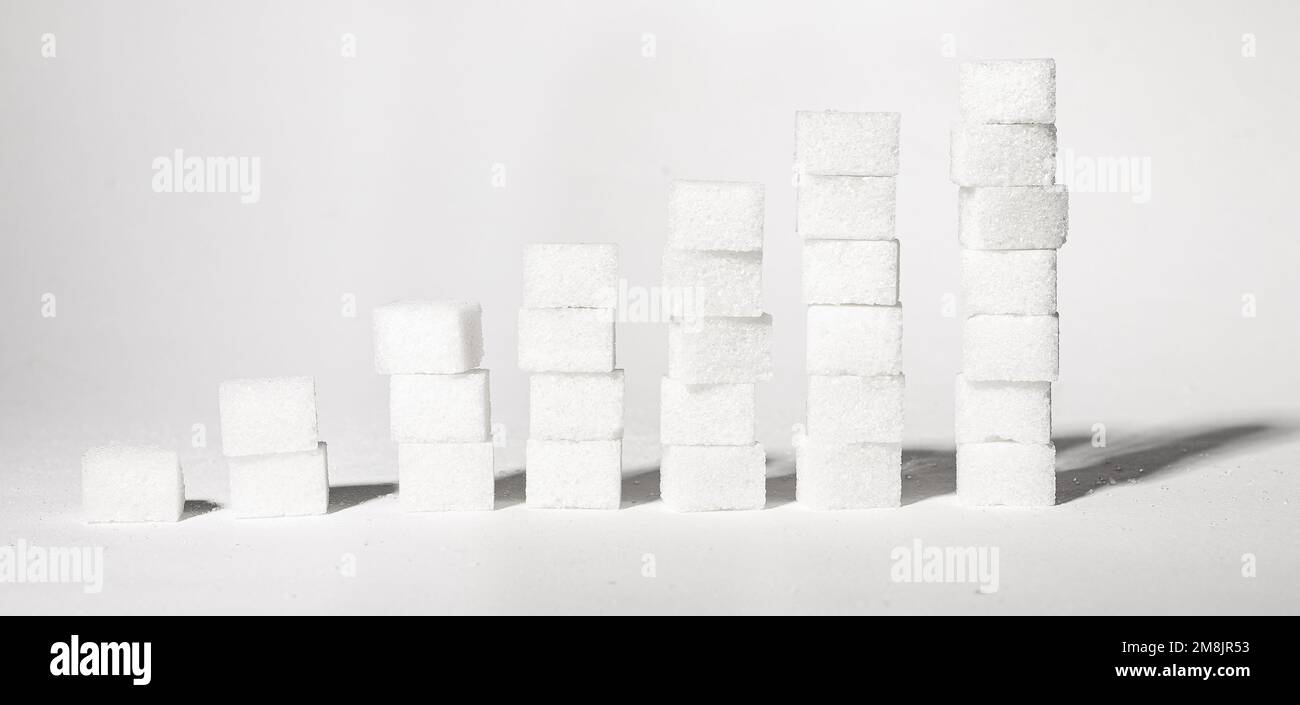 Sugar overconsumption concept. Consumption level increasing, growing