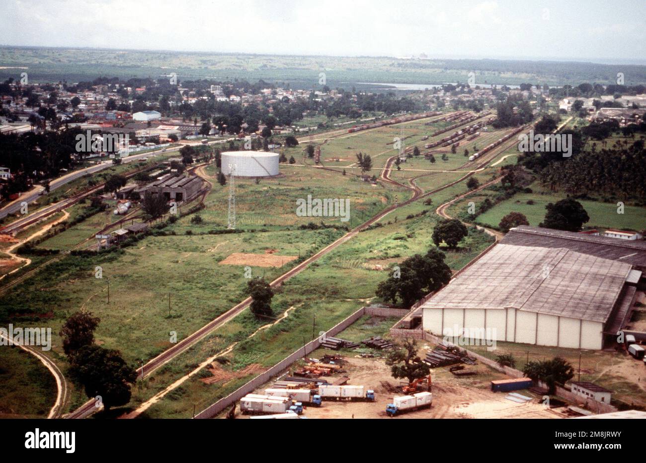 Aerial view around Moi International Airport showing railroad and