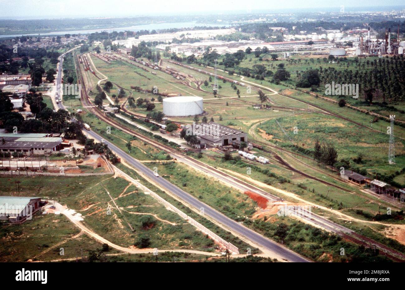 Aerial view around Moi International Airport showing railroad and