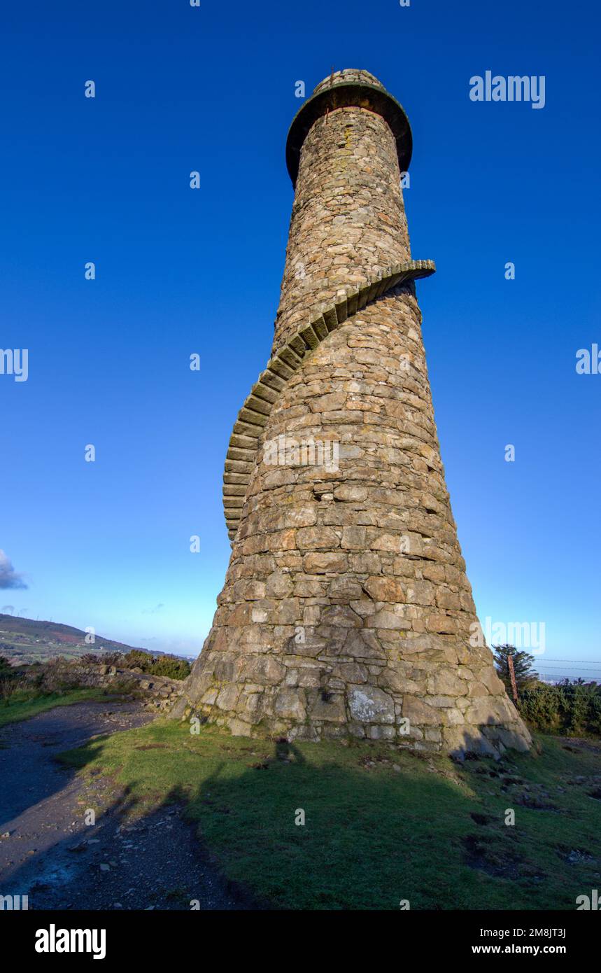 Staircase tower, 150 year old tower on a hilltop with a scary-looking outside staircase, visible in many parts of south-east Dublin Ireland. Stock Photo