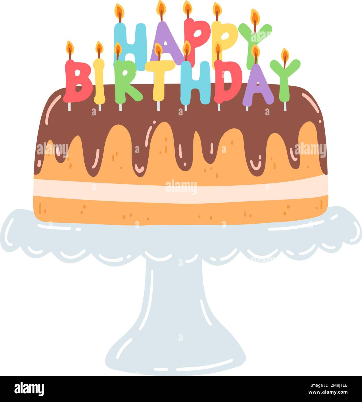 Birthday cake on a stand with candles in flat style. Hand drawn vector