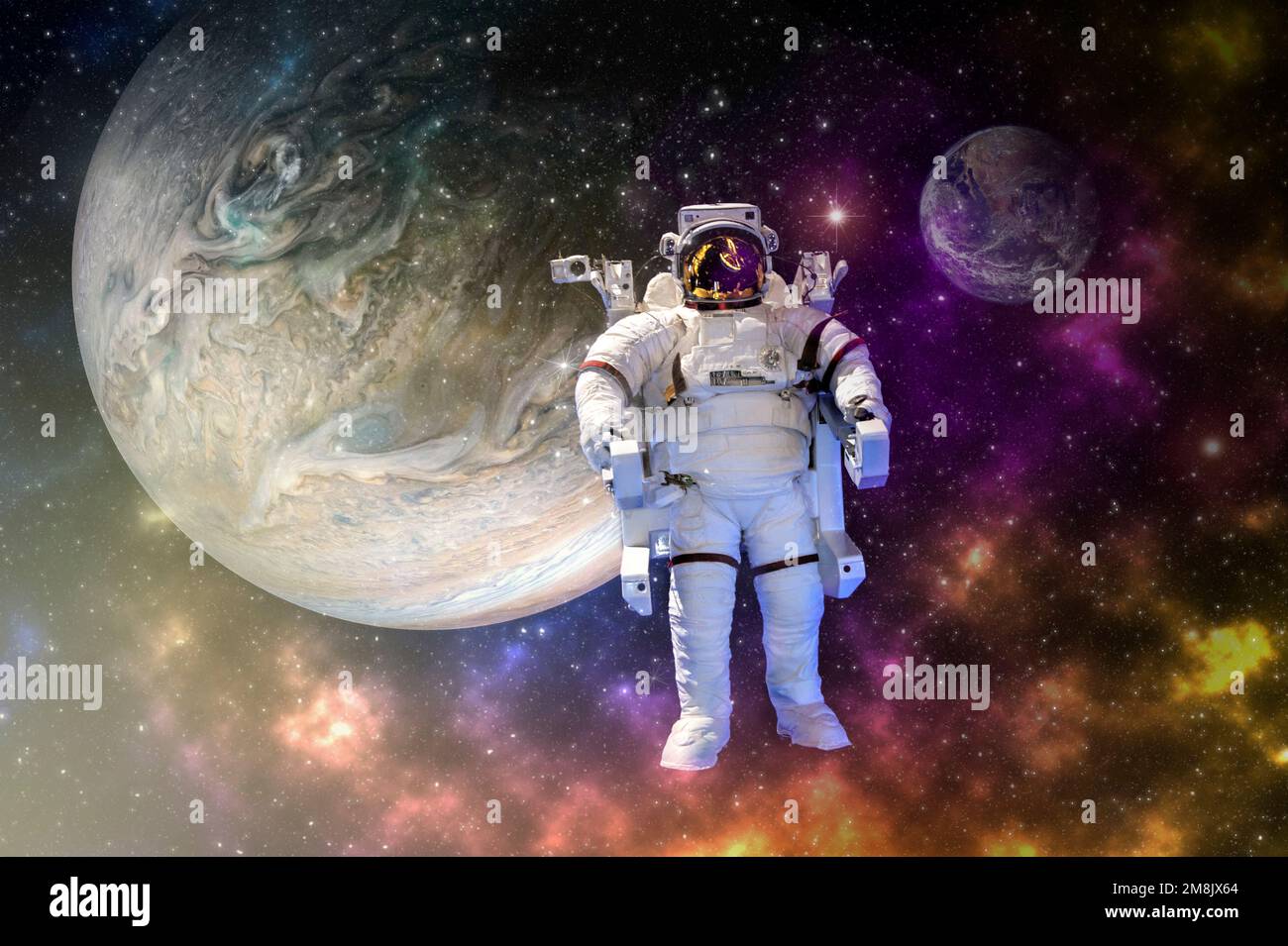 astronaut float in the space in weightlessness in the colorful space