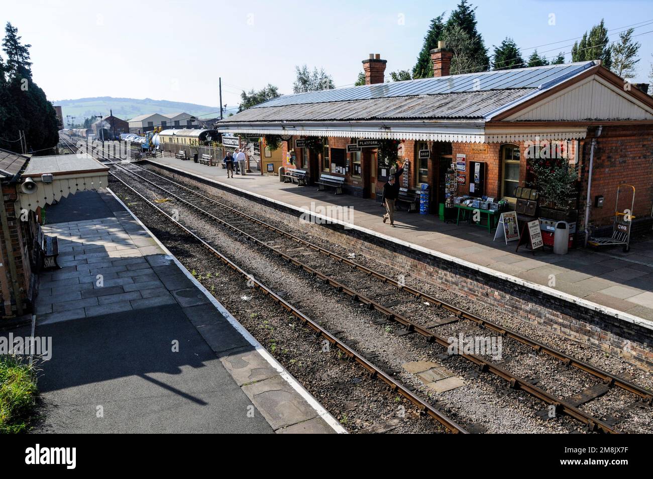 Toddington station at Toddington in the Cotswolds in Britain.  The station is part of the Gloucestershire Warwickshire Steam Railway (GWSR) and is an Stock Photo